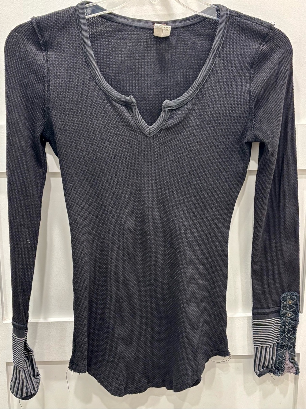 We The Free Black Waffle Knit Long-Sleeve Top w/Notch Neck Embroidered Sleeves